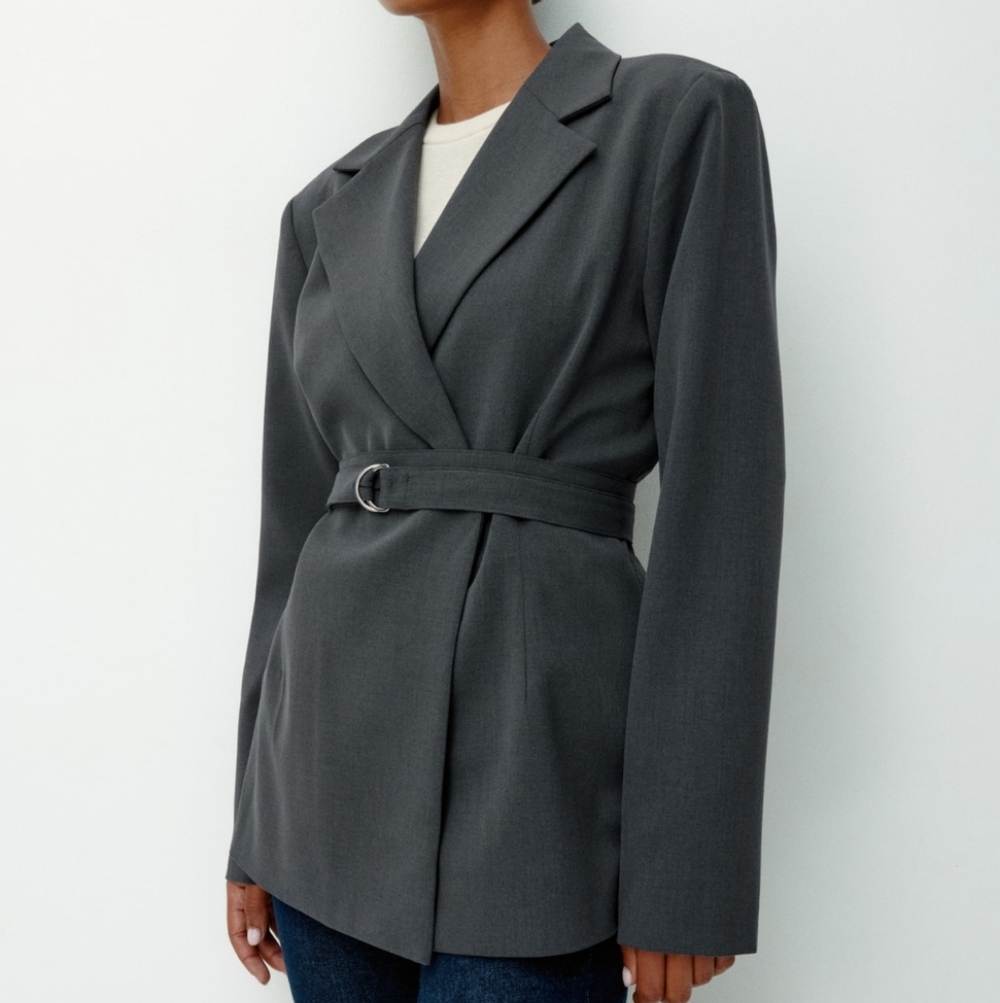H&M Blazer NWOT Size M Gray Fitted Office Belt Lined Wrapover